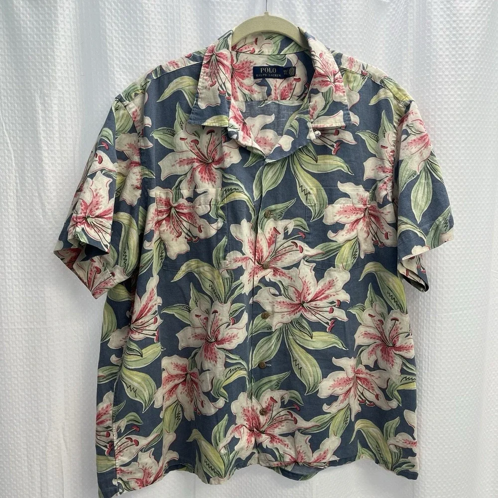 Polo Ralph Lauren Mens 100% Linen Hibiscus Print Hawaiian Tropical Camp Shirt 2X